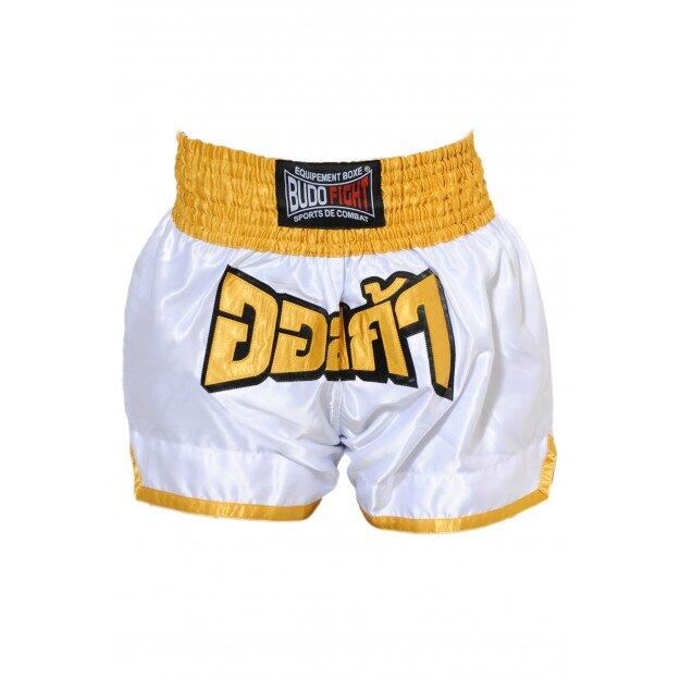 Thai boksshort Fighter in wit en geel 2/3