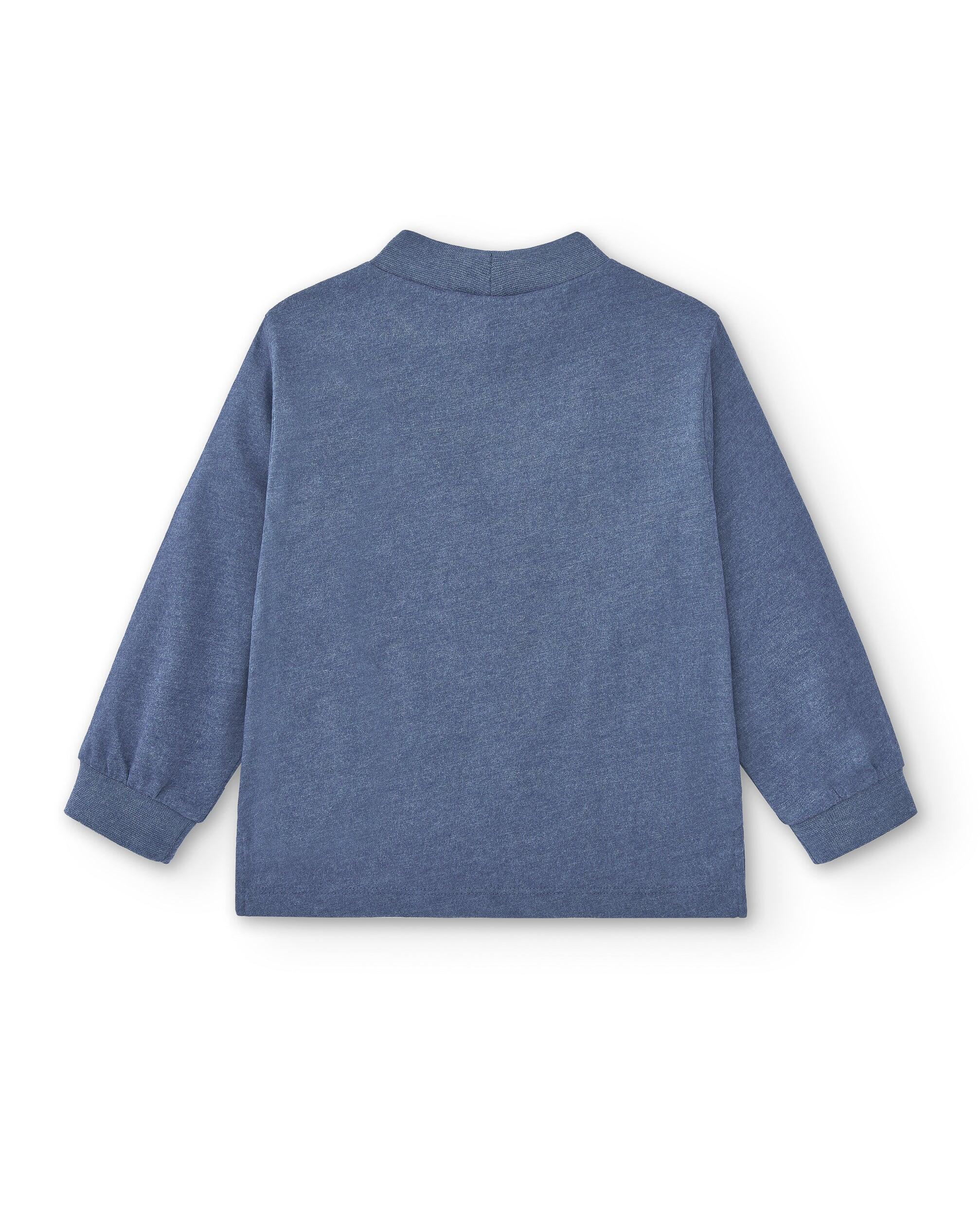 camiseta azul de gola alta de algodão com mangas 4/4