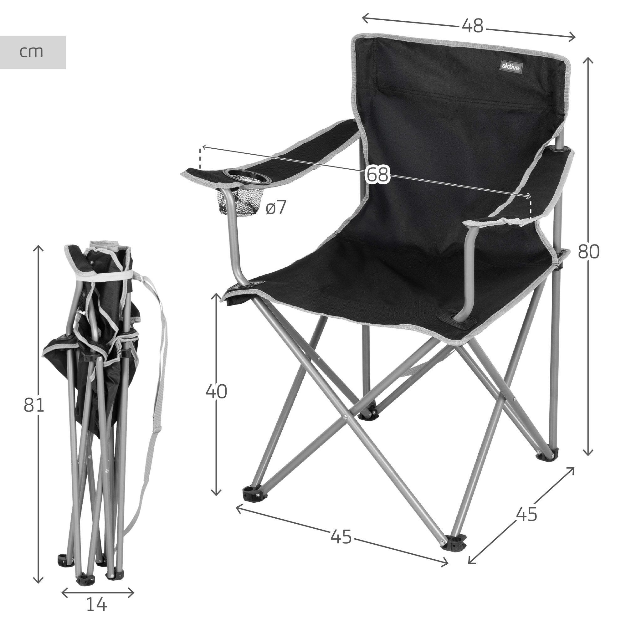 Aktive Sedia da campeggio pieghevole 48x45x80 cm con portabicchieri, nera 4/7