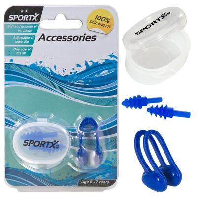 SportX Junior clip nasale regolabile e tappi auricolari in silicone blu.
