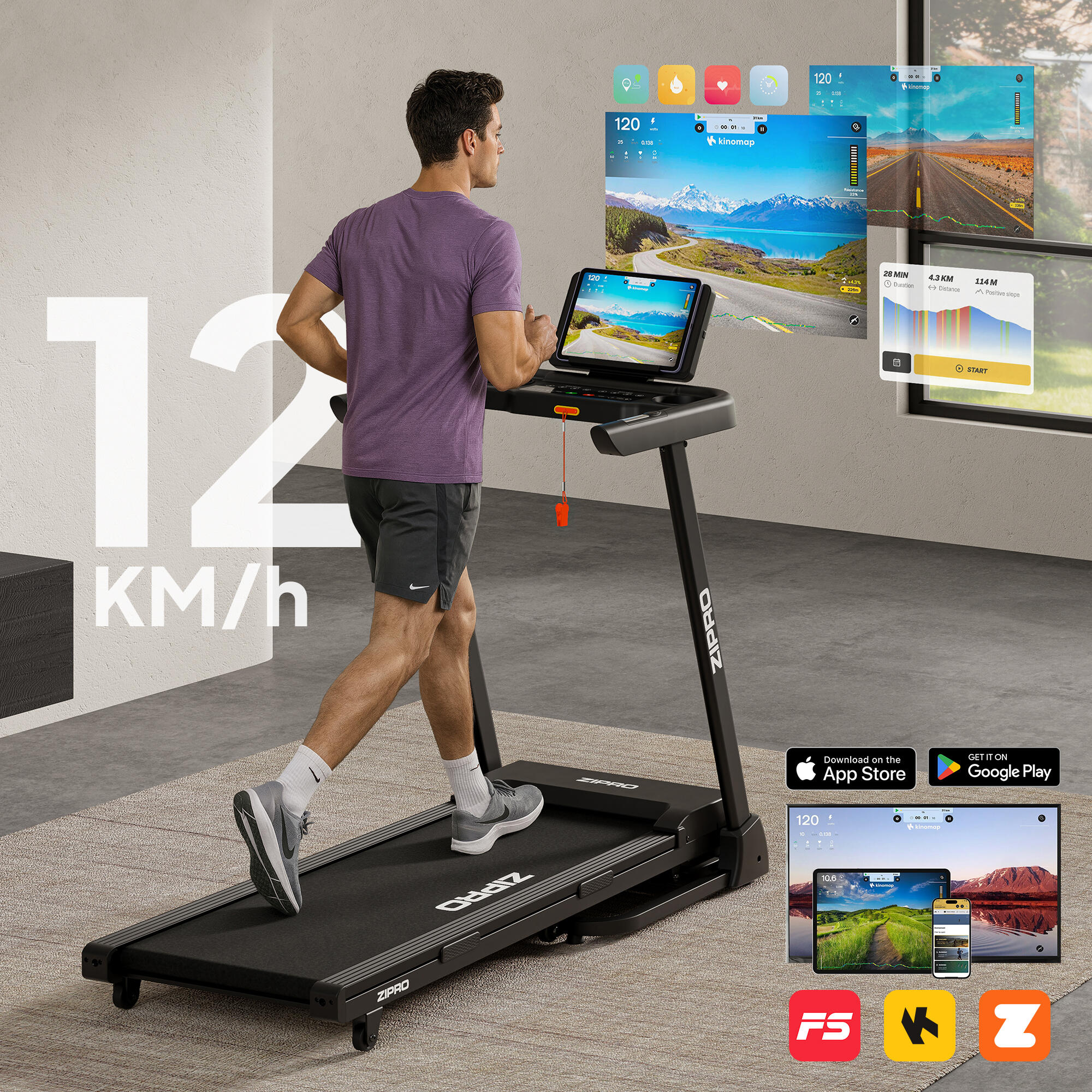 Cinta de correr Zipro Luma 120 x 44 cm, 12 km/h, FitShow, Kinomap, Bluetooth 3/7