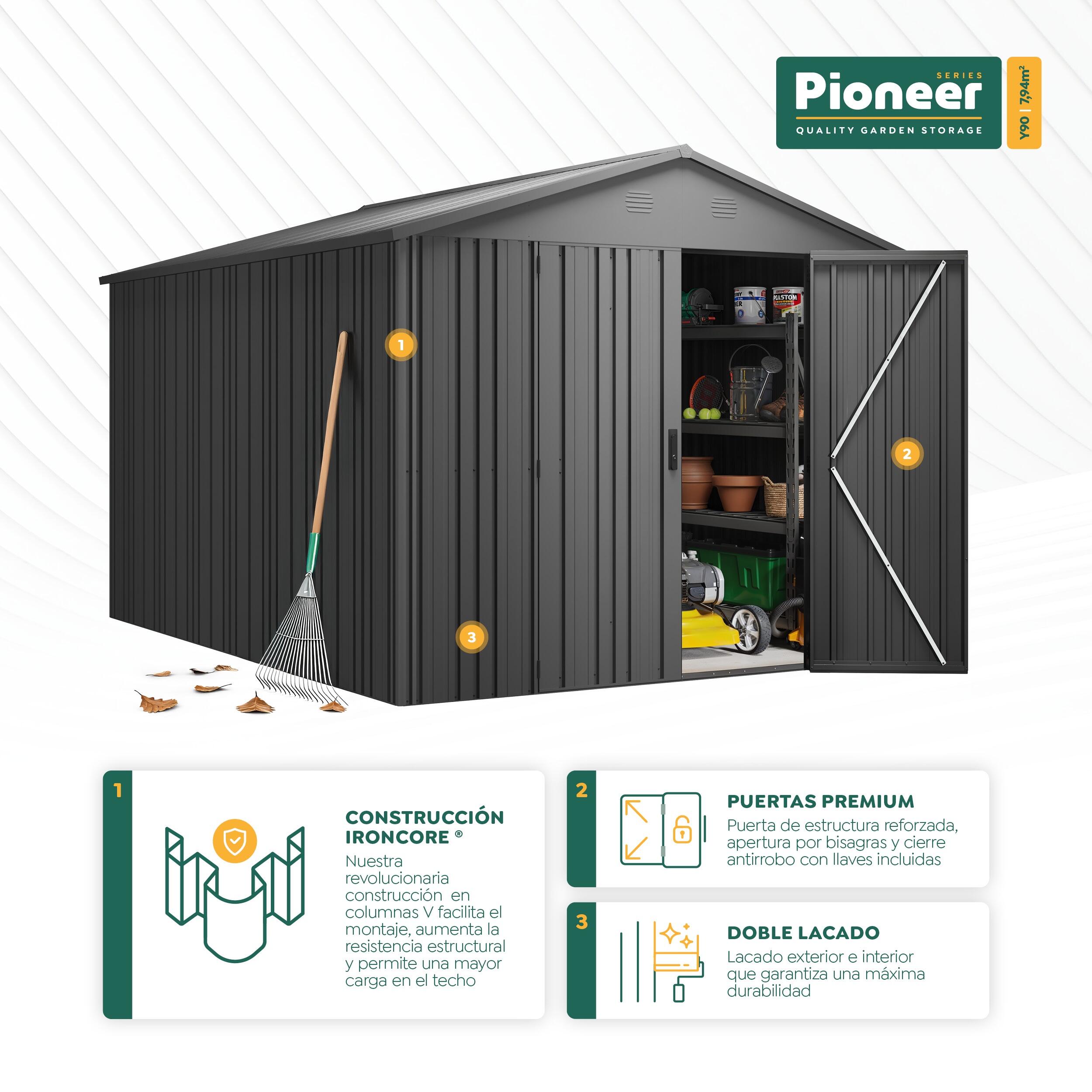 Abri de jardin métallique 7,94m² PIONEER Y90 structure solide 3/6