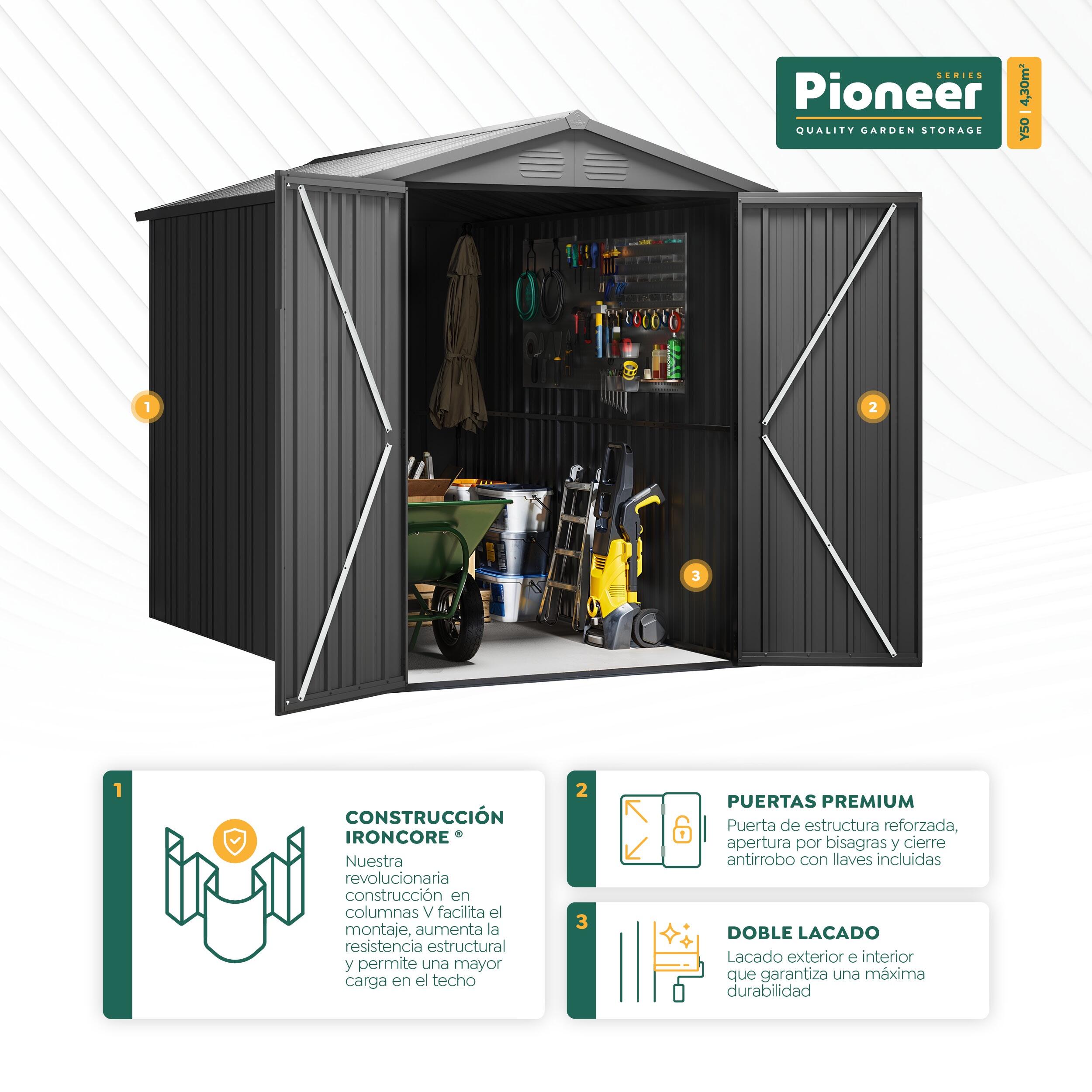 Abri de jardin métallique 4,30m² PIONEER Y50 structure solide 3/6