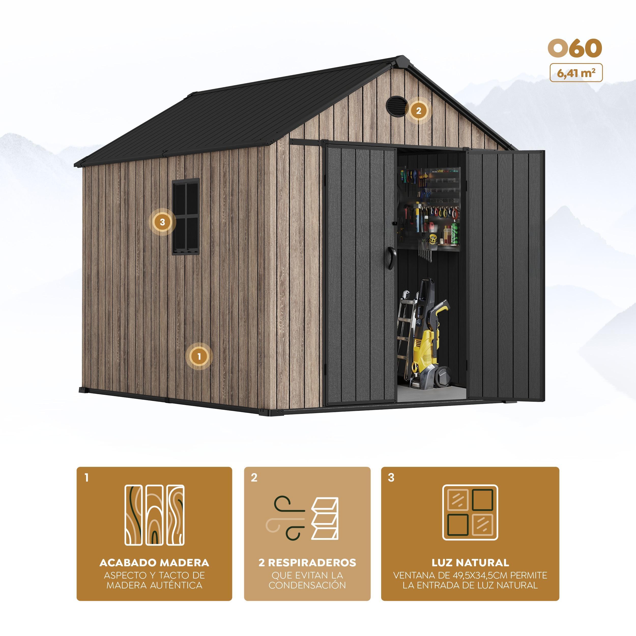 Abri de jardin résine 6,41m² OAK O60 sol fenêtre effet bois 2/6