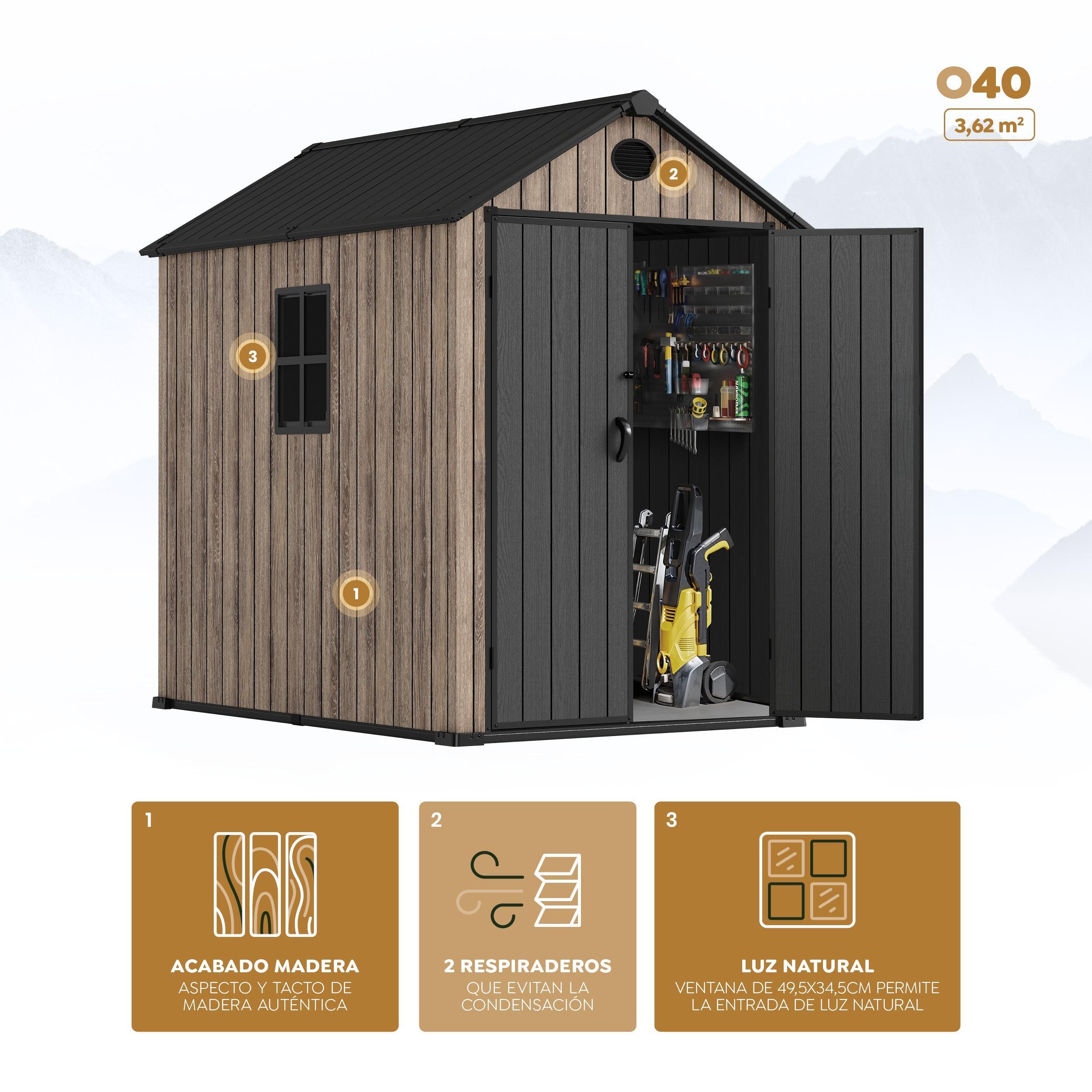 Abri de jardin résine 3,62m² OAK O40 sol fenêtre effet bois 3/6