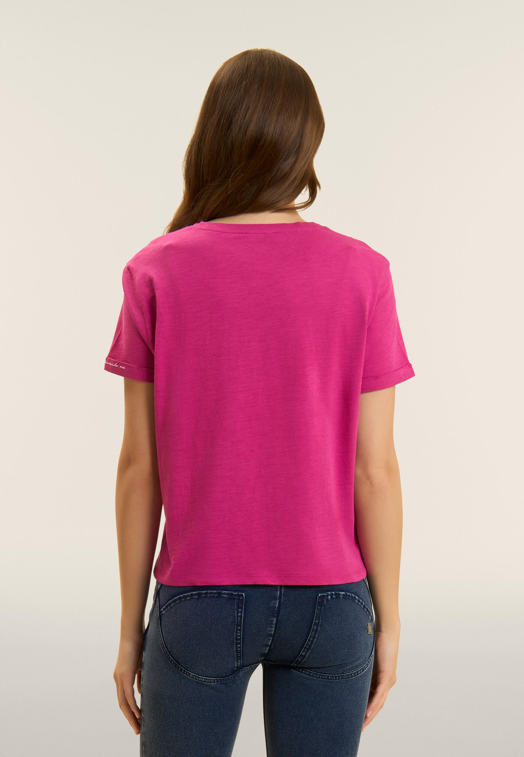Camiseta cropped de tejido de punto flameado con puños 3/4