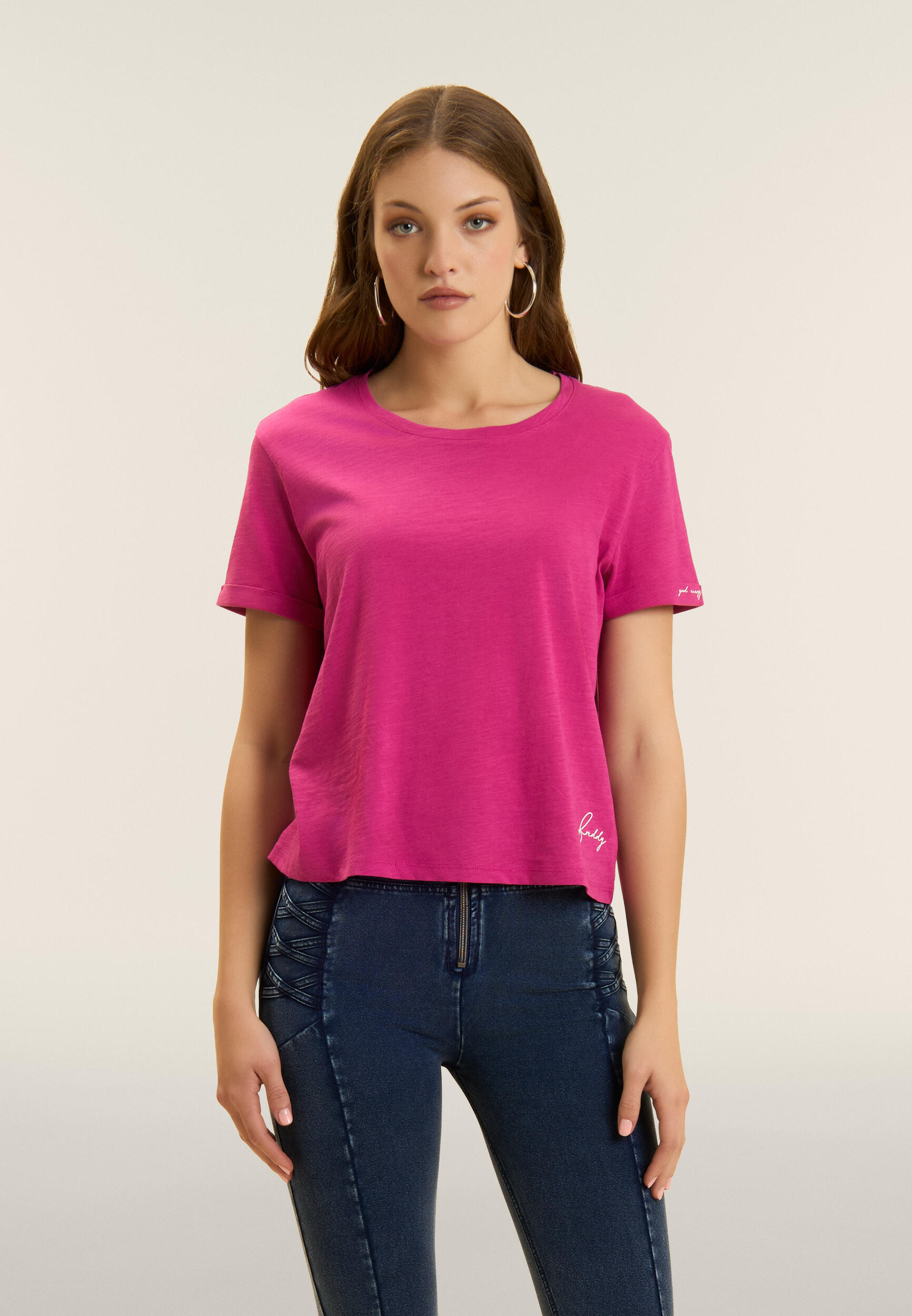 Camiseta cropped de tejido de punto flameado con puños 2/4