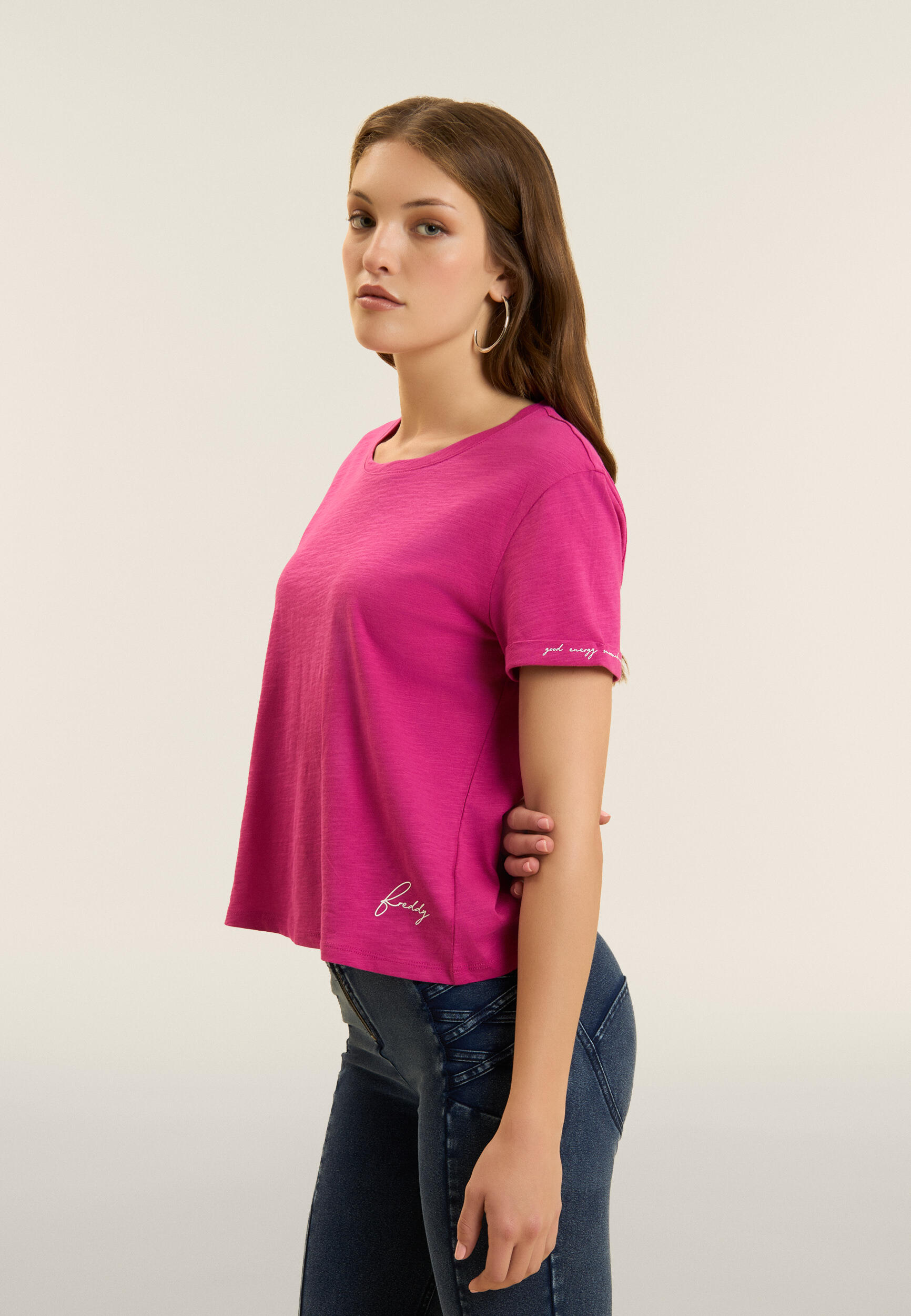 Camiseta cropped de tejido de punto flameado con puños 4/4