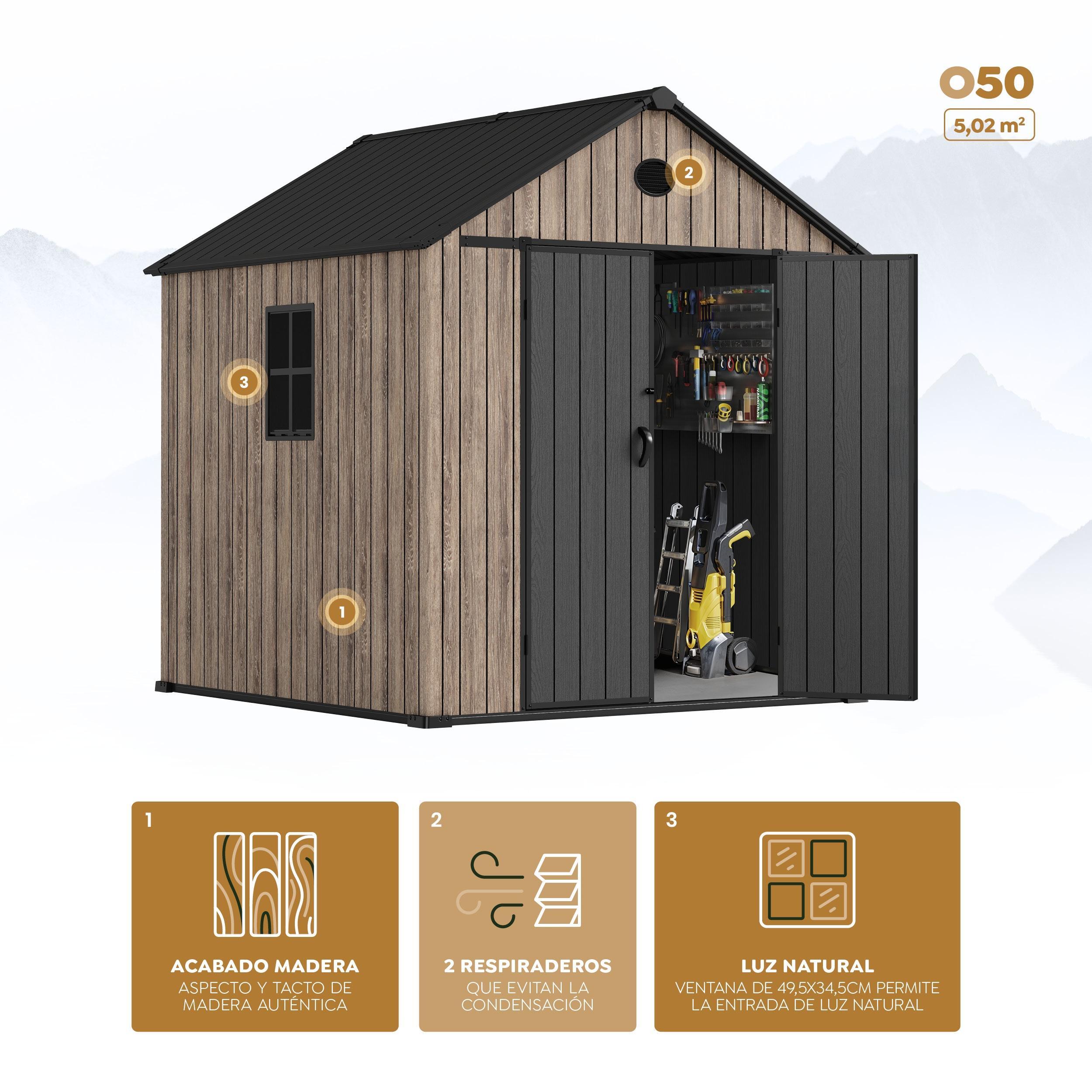 Abri de jardin résine 5,02m² OAK O50 sol fenêtre effet bois 3/6