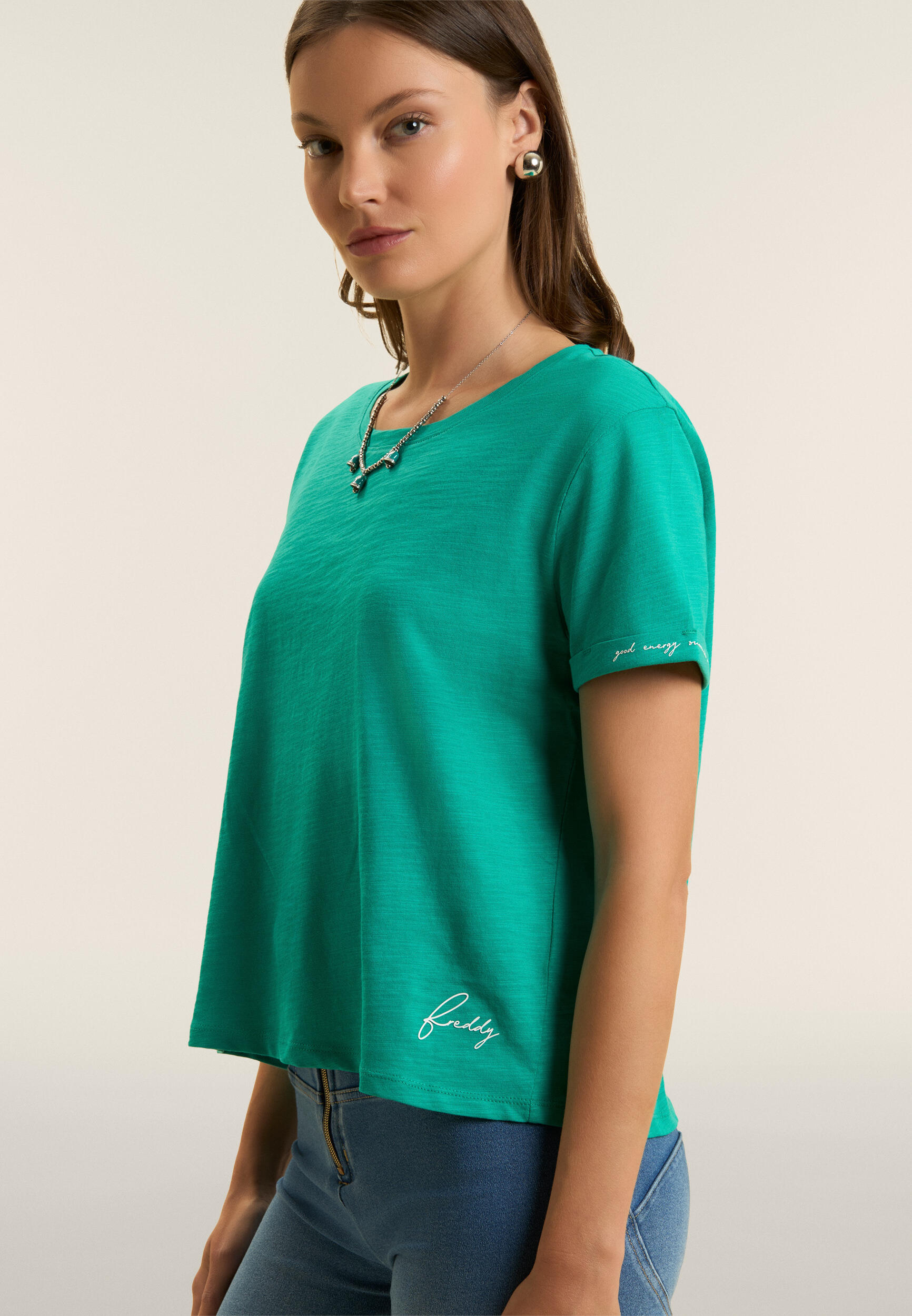 Camiseta cropped de tejido de punto flameado con puños 4/4