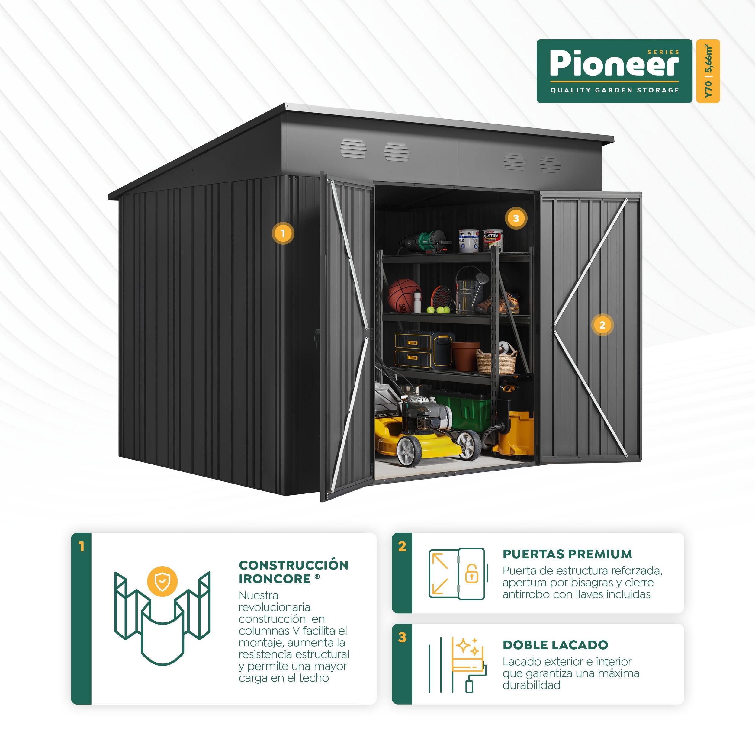Abri de jardin métallique 5,66m² PIONEER Y70 structure solide 3/6