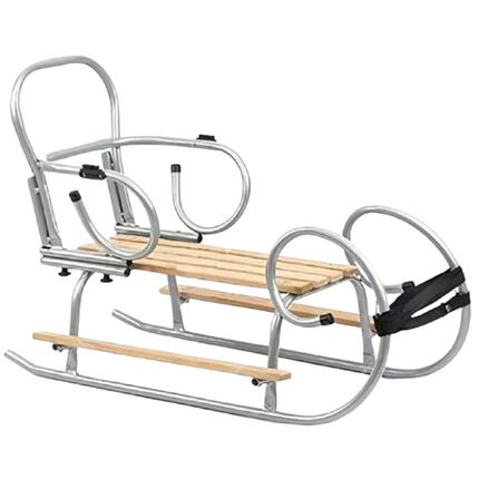Sanki dla dzieci metalowe z oparciem i podnóżkami rurkowe retro szare