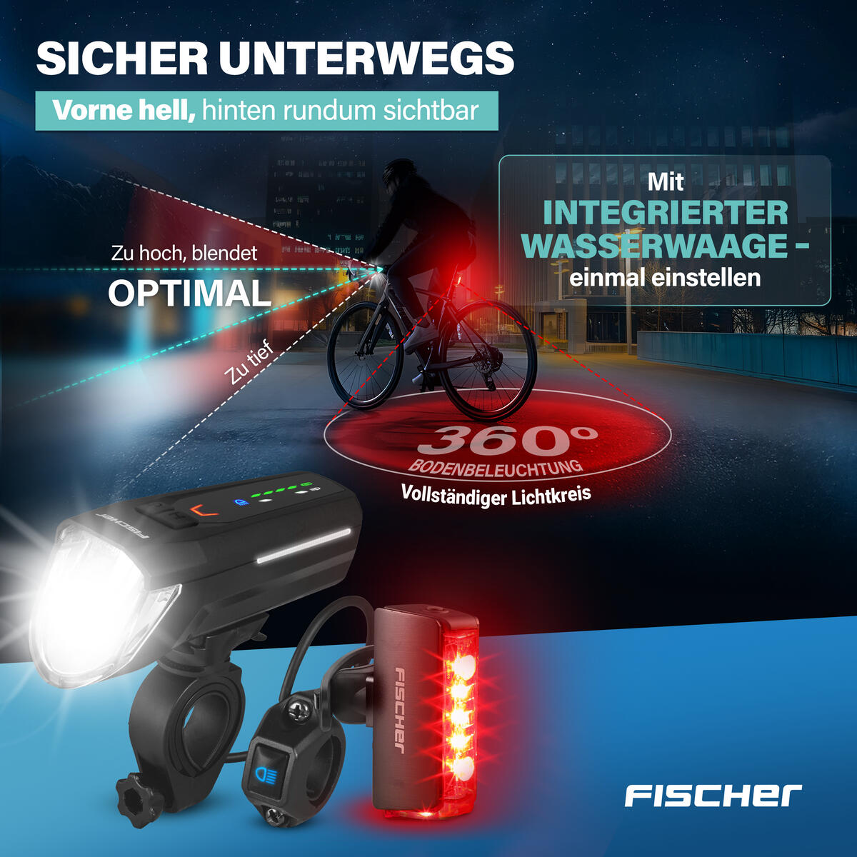 FISCHER LED Akku Beleuchtungsset TWIN STOP 180 LUX mit Fernlicht 3/8