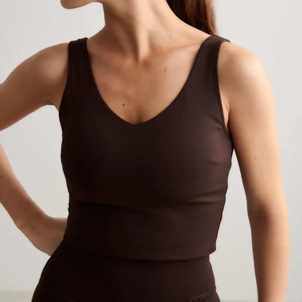 Women's Sports Bra Fully Lined Removable Pads V-Neck Sense Chocolate