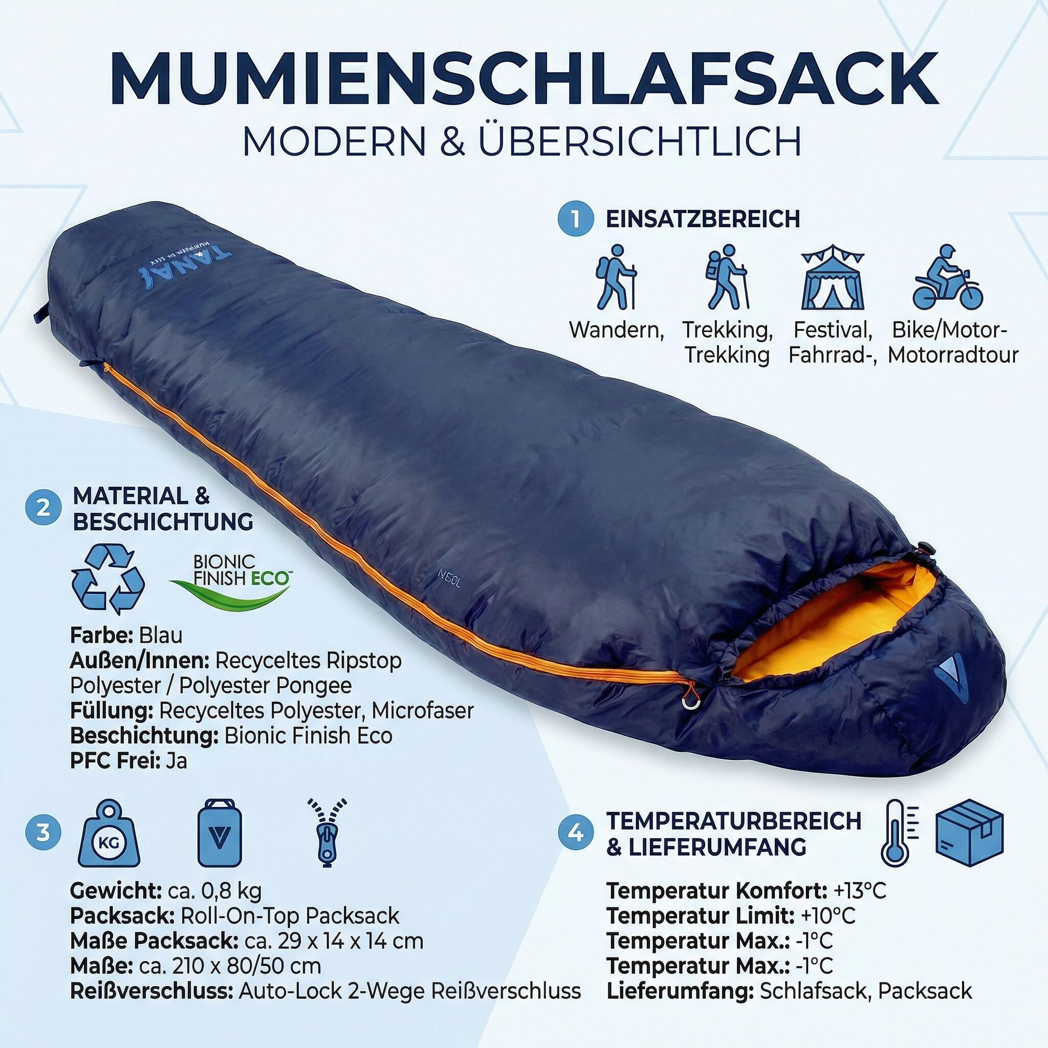 Mumienschlafsack Neel Blau 800g Sommer Schlafsack Trekking Backpacking 6/7