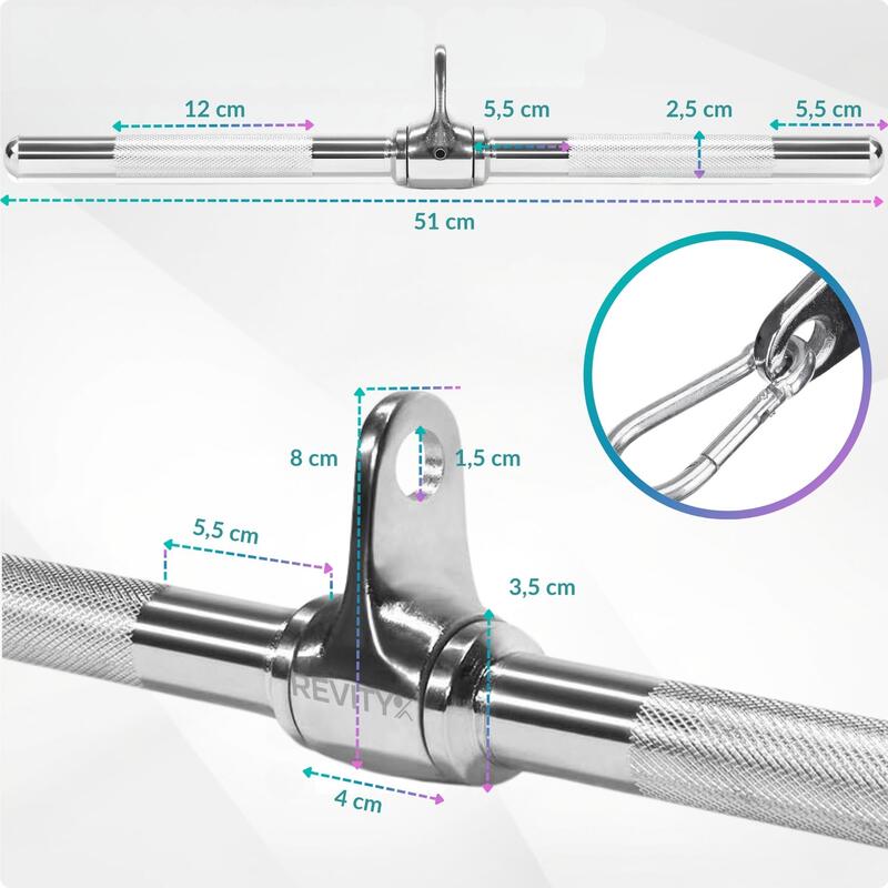 Bară dreaptă rotativă pentru scripete/atlas Revity 51 cm, oțel inoxidabil