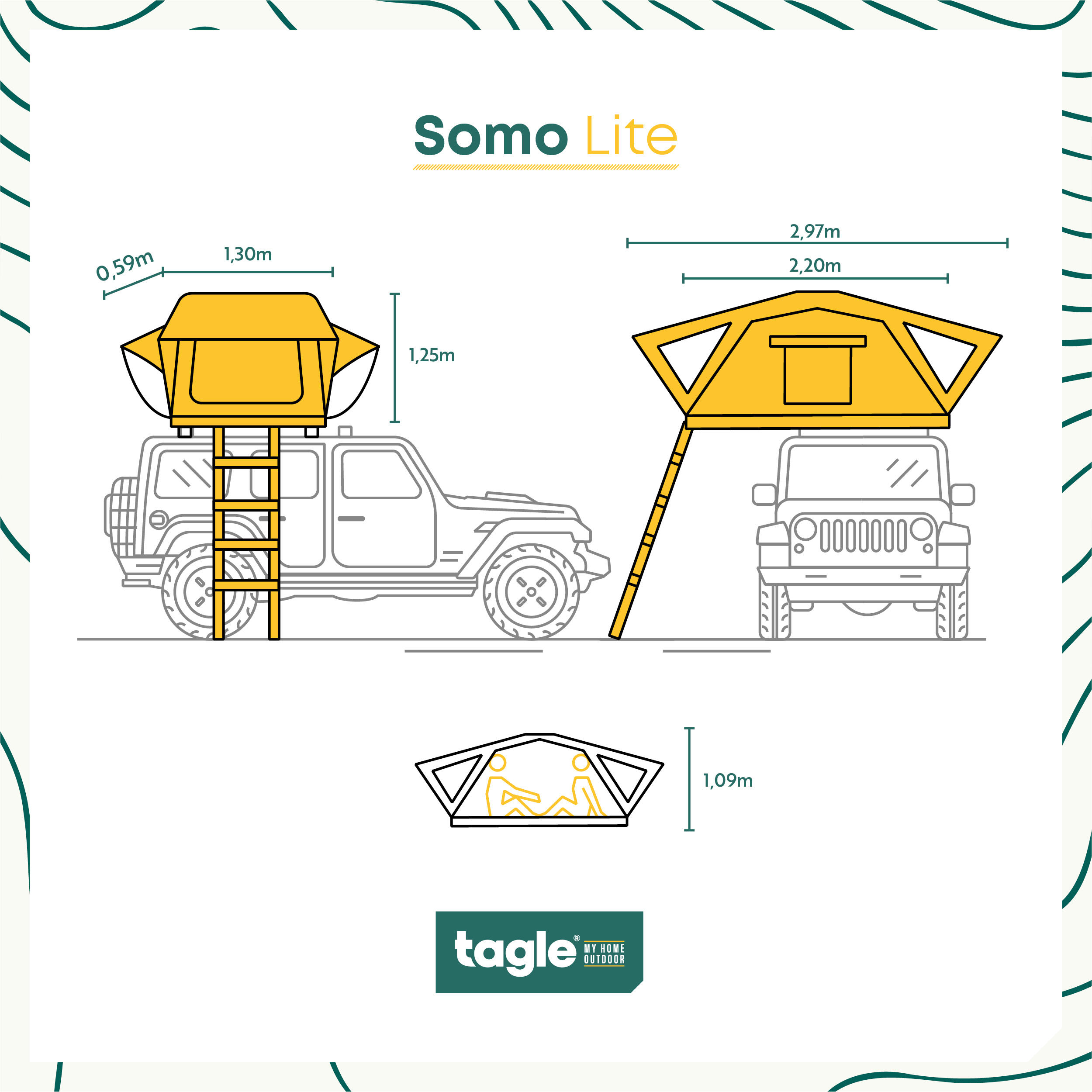 Tenda tejadilho TAGLE SOMO LITE 2 pessoas, impermeável, LED integrado, dobrável 2/9