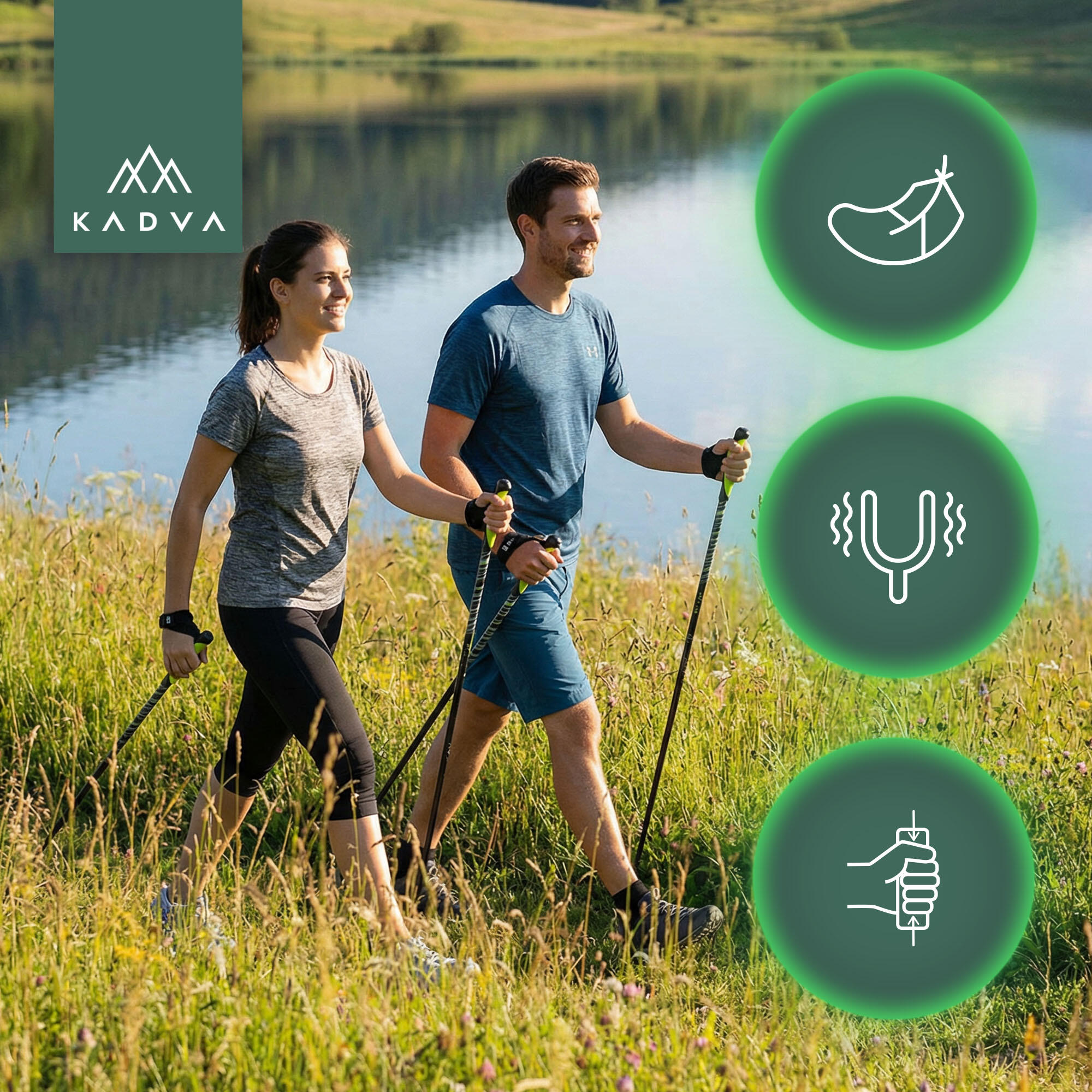 KADVA Bâtons De Marche Nordique Luna – Réglables 69-135 Cm, Twist Lock, Alu 240g, Embouts Caoutchouc Et Rondelles Neige