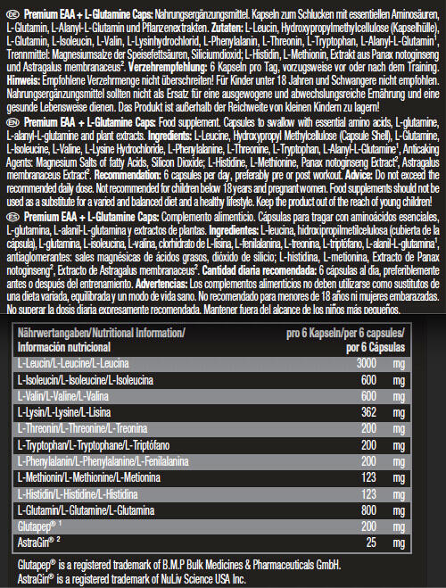 Acides aminés essentiels - Premium EAA+L-Glutamine - 180 Gélules 3/5