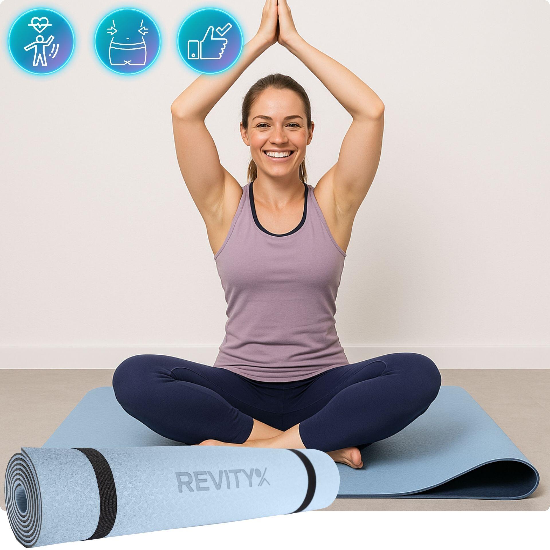 Esterilla yoga y fitness de 183×61×0,6 cm, correa, plan de ejercicios PDF, azul 5/7