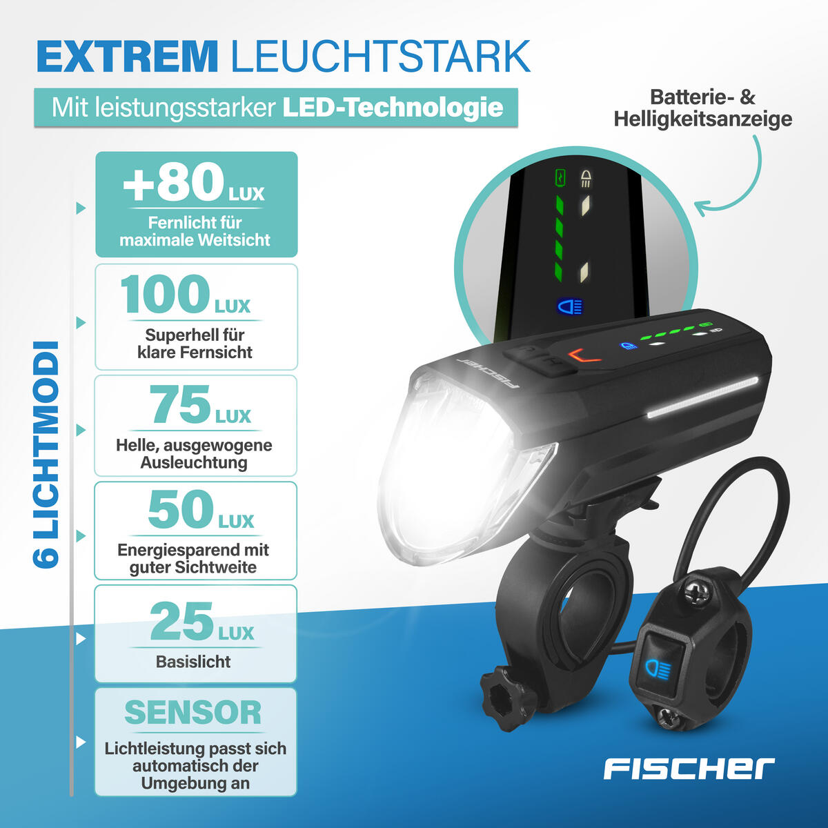 FISCHER LED-Akku Frontlicht 100 Lux mit Fernlichtfunktion 80 Lux 2/8