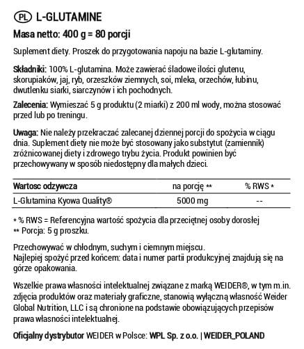 Weider L-Glutamine (400g) Unflavoured - Acides aminés - Glutamine 5/5