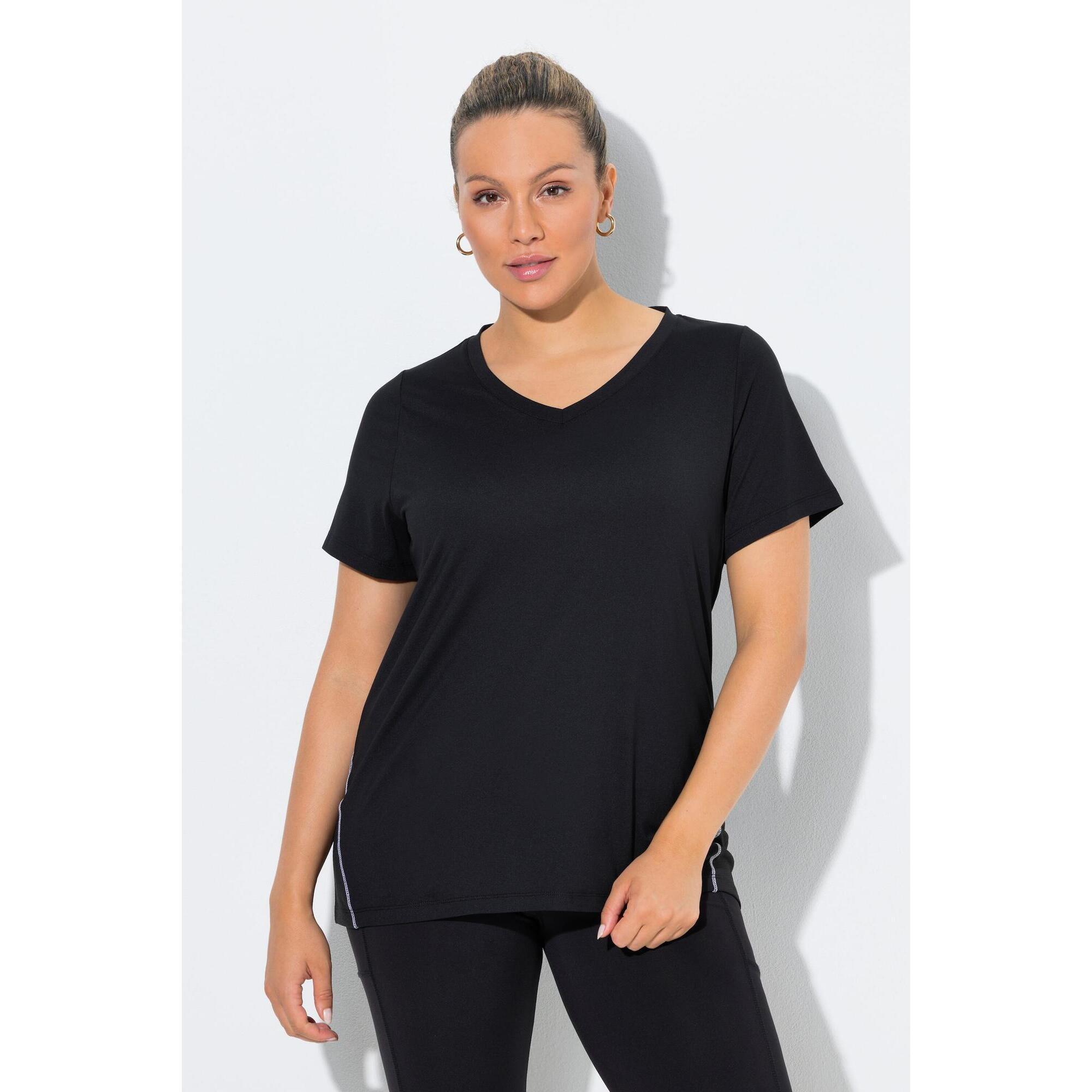 Ulla Popken - Femme T-shirt Technique Col En V Et Manches Courtes Matière Recycléle - T-shirt Manches Courtes - Noir - Decathlon
