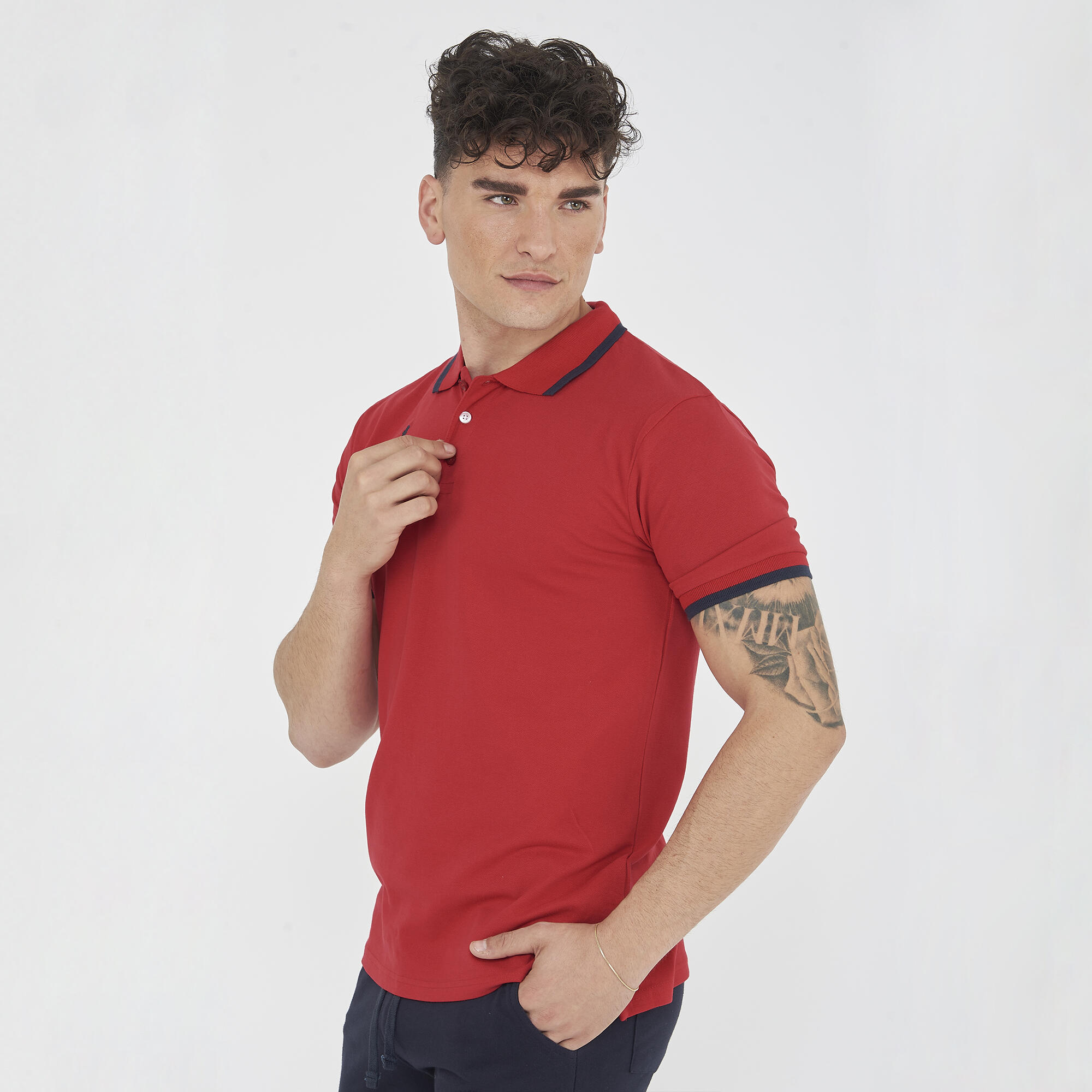 Polo da tennis manica corta in cotone rosso-bianco 2/6