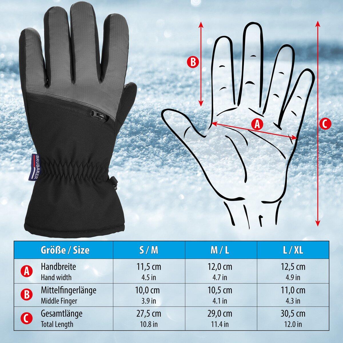 BRUBAKER Gants ski hiver imperméables unisexe poche zippée Noir/Gris L/XL 3/4