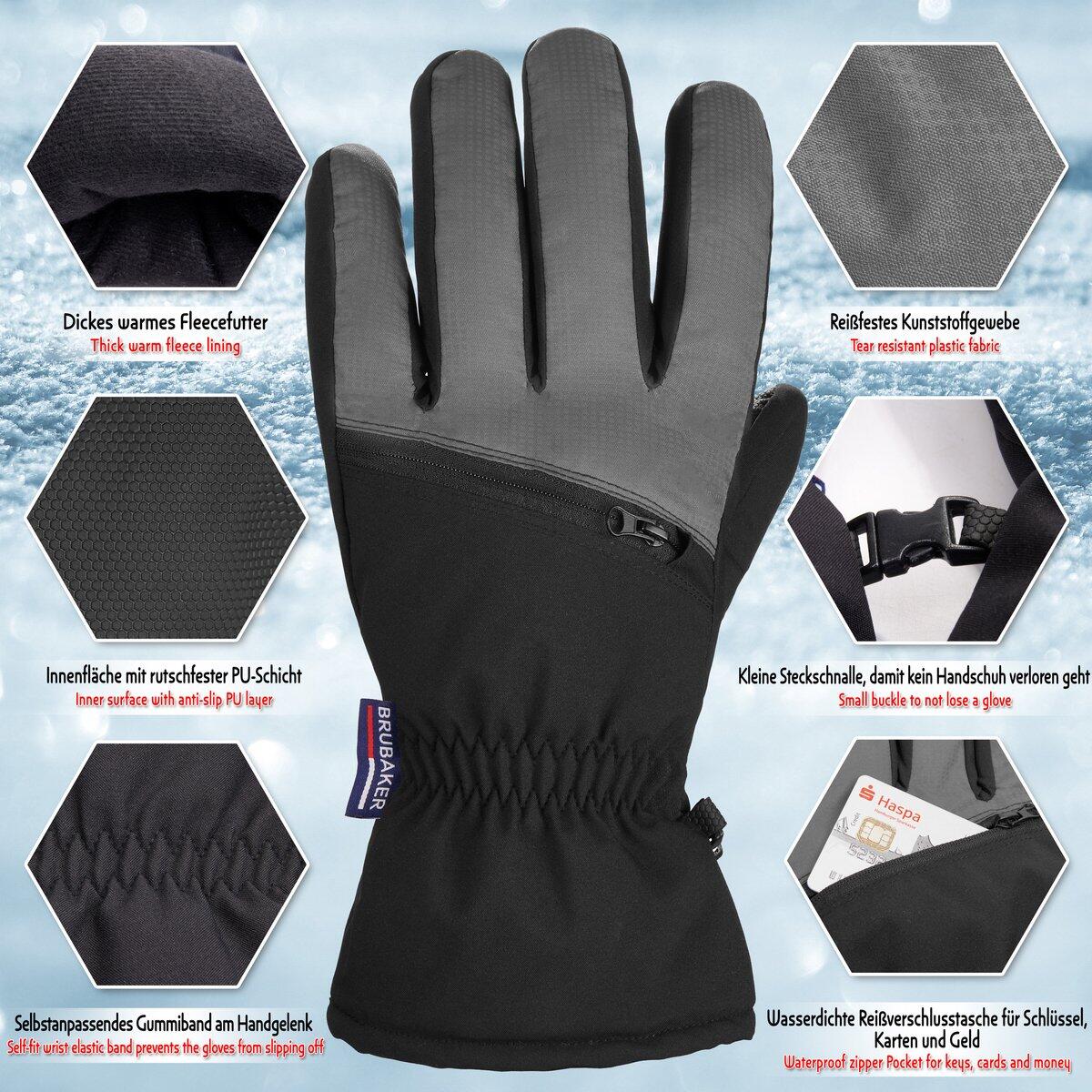BRUBAKER thermo ski handschoenen waterdicht ritszak zwart/grijs M/L 4/7