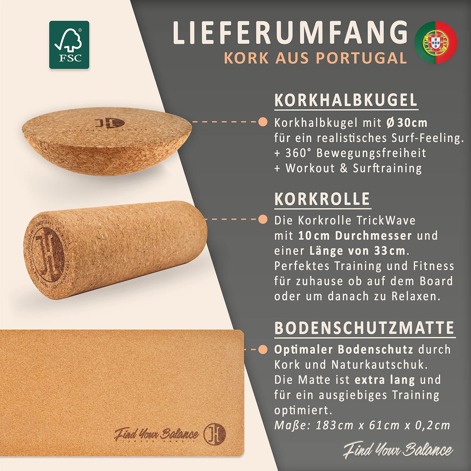 Balanceboard LOCAL WAVE Set XL | Korkrolle + Korkmatte + Halbkugel + Korkball 5/7