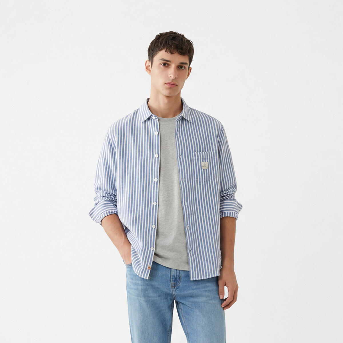 Camicia a maniche lunghe a righe in cotone azzurro cielo 2/7