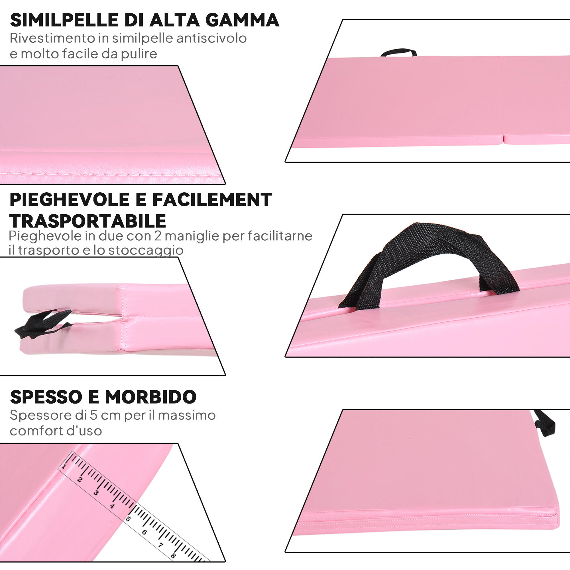 HOMCOM Tappetino da Ginnastica Pieghevole e Antiscivolo 180x60x5 cm Rosa 6/7