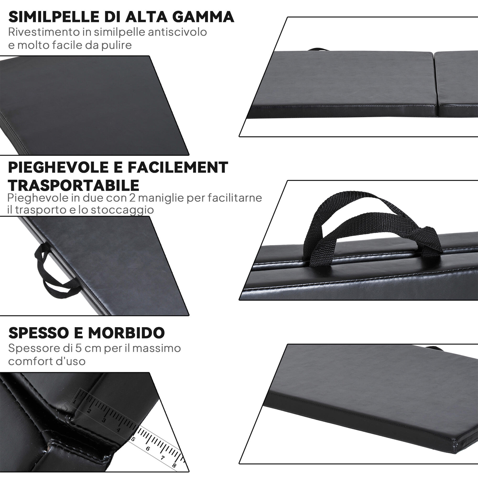 HOMCOM Tappetino da Ginnastica Pieghevole e Antiscivolo 180x60x5 cm Nero 6/7