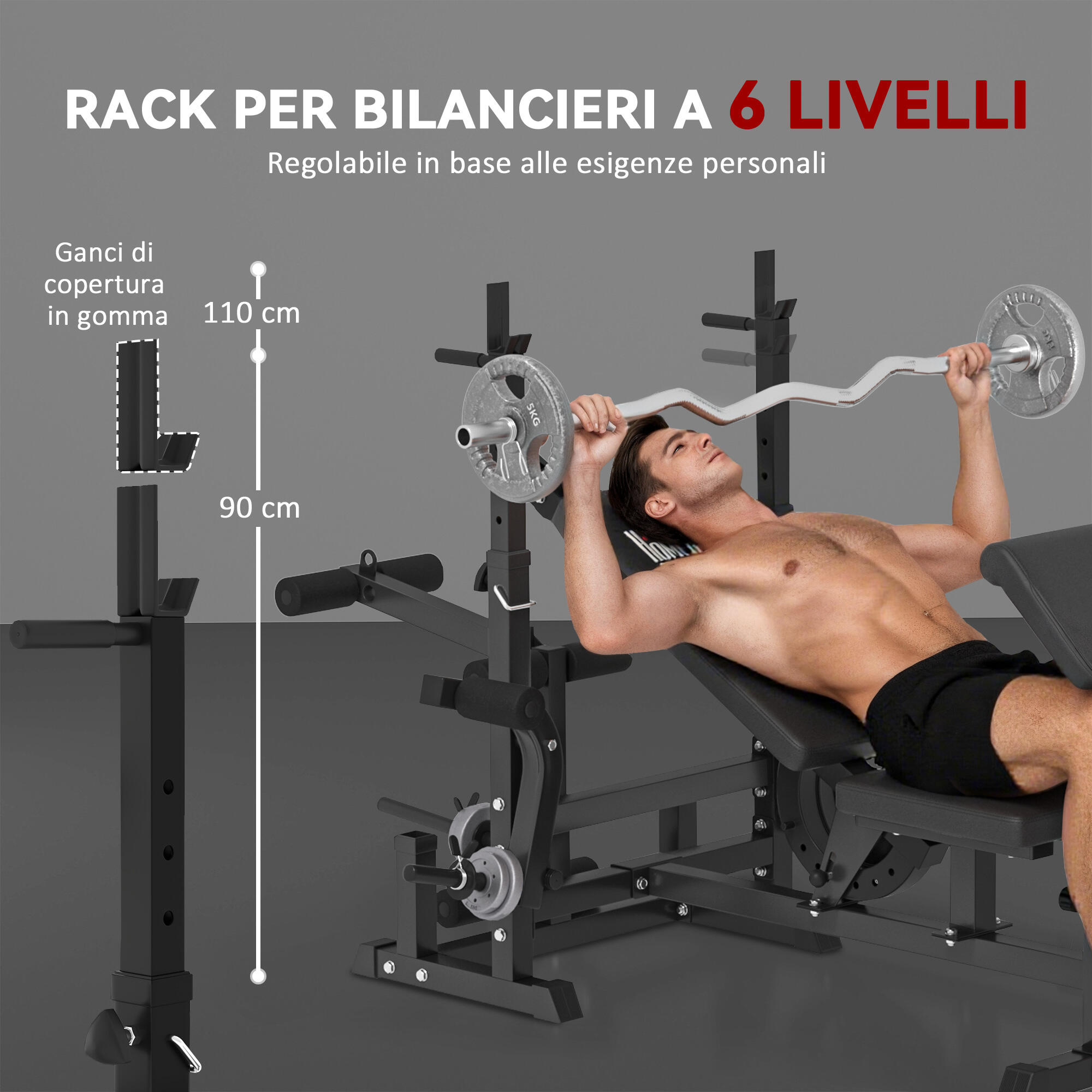 HOMCOM Panca da Palestra con Supporto per Bilanciere e Schienale Regolabile Nero 5/7