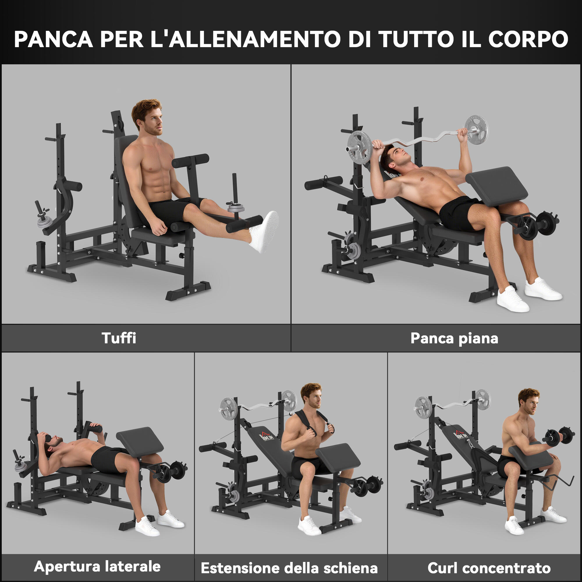 HOMCOM Panca da Palestra con Supporto per Bilanciere e Schienale Regolabile Nero 4/7