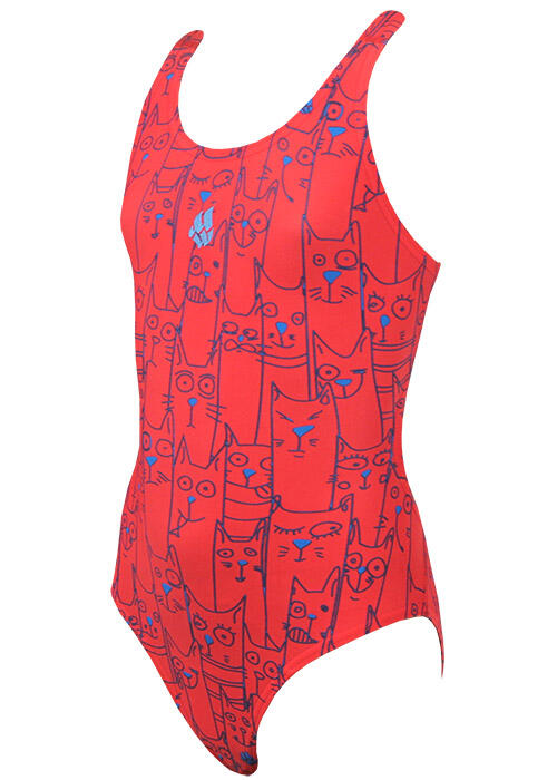 Maillot Mad Wave Platoon fille rouge imprimé chat, taille 5-6 (110-116 cm) 1/5