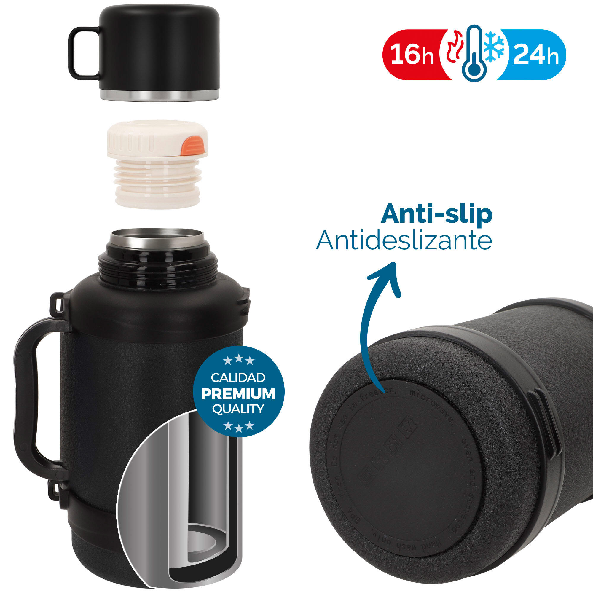 Bouteille thermos Aktive 14x13x26 cm 1,6L couleur noire acier inoxydable 3/7