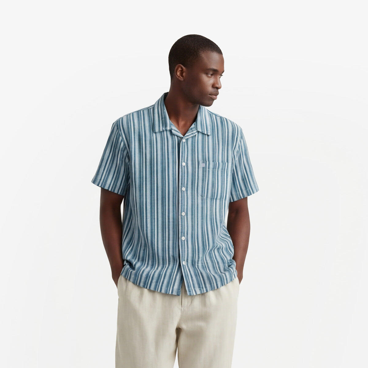 Camicia a maniche corte in cotone Caracas a righe blu navy 2/6
