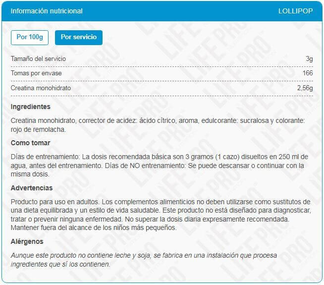 Creatinemonohydraat 200 mesh - 500 g Lollipop LifePRO 2/3
