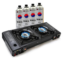 Réchaud à gaz 2 feux - Incl. 4 cartouches de butane - Brûleur camping