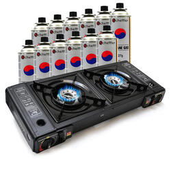 Réchaud à gaz 2 feux - Incl. 12 cartouches de butane - Brûleur camping