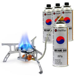 Réchaud à gaz pliable 2200W avec raccord – incl. 4 cartouches de gaz