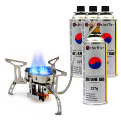 Réchaud à gaz pliable Turbo 6800W – avec raccord – incl. 4 bouteilles de gaz