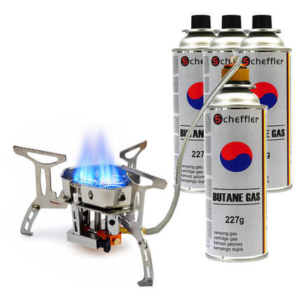 Faltbarer Gaskocher Turbo 6800W – mit Anschluss – inkl. 4 Gasflaschen