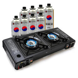Réchaud à gaz 2 feux - Incl. 8 cartouches de butane - Brûleur camping