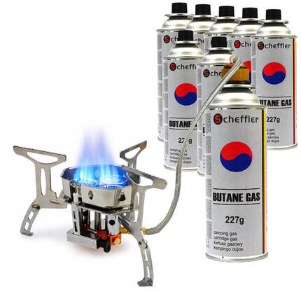 Faltbarer Gaskocher Turbo 6800W – mit Anschluss – inkl. 8 Gasflaschen