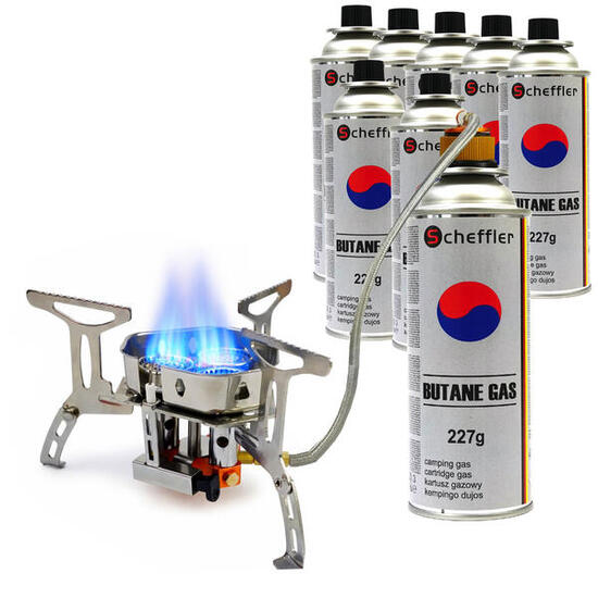 Faltbarer Gaskocher Turbo 6800W – mit Anschluss – inkl. 8 Gasflaschen