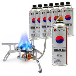 Réchaud à gaz pliable 2200W avec raccord – incl. 8 cartouches de gaz