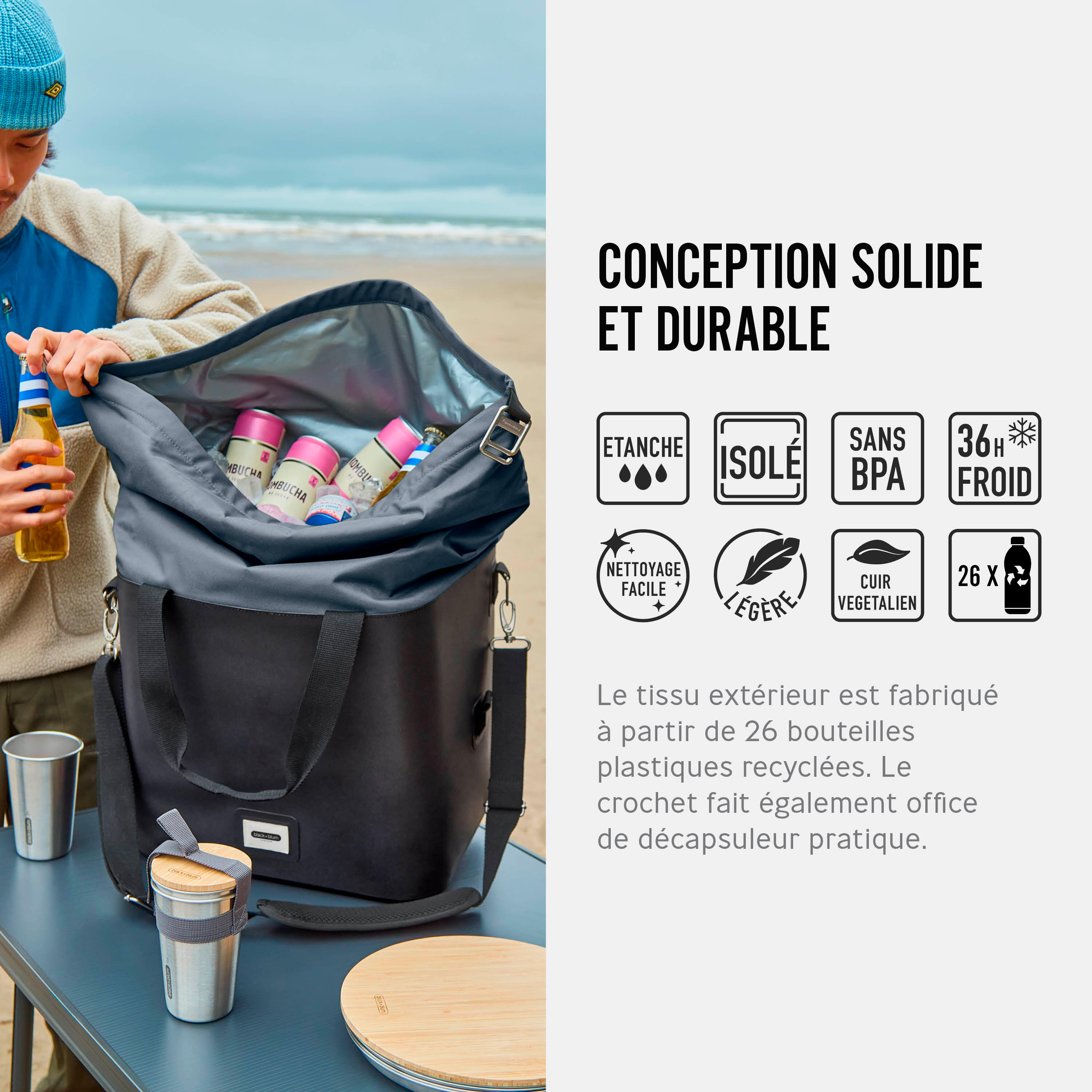 GLACIÈRE ISOTHERME-GRIS-25 LITRES-CONTENIR 30 CANETTES-36H GLACÉ-TISSU RECYCLÉ 3/7